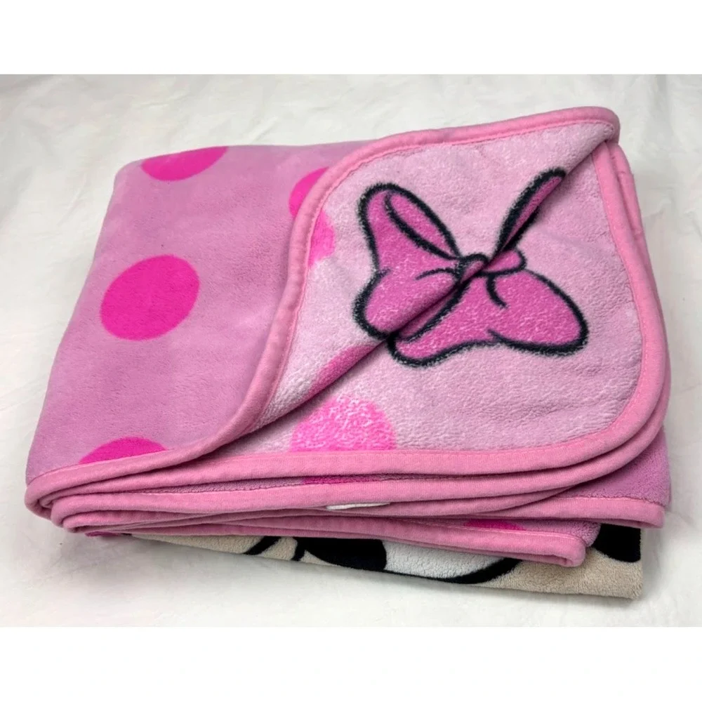 Minnie Mouse Disney Pink Polka‎ Dot Fleece Blanket 50x60 Girls Bow Thick htf EUC